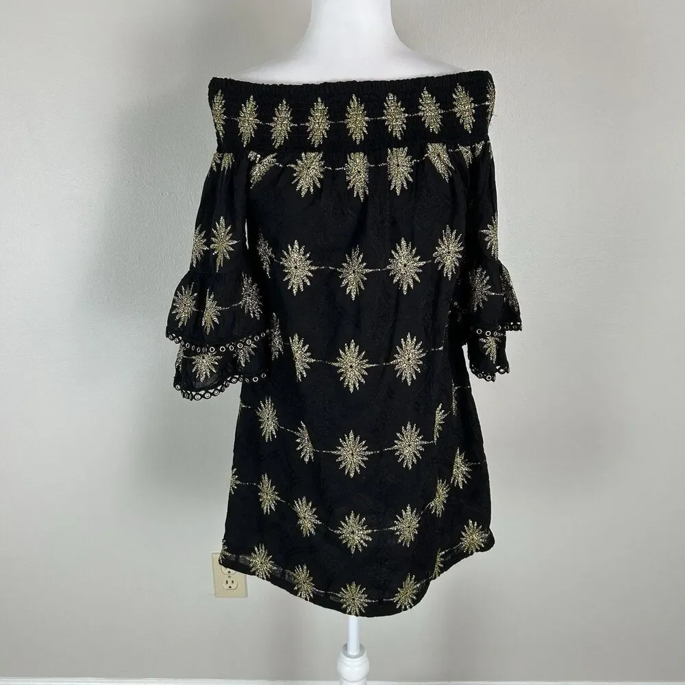 Boston Proper XS Off The Shoulder Dress Gold Black Mini Bell Sleeve Embroidered
